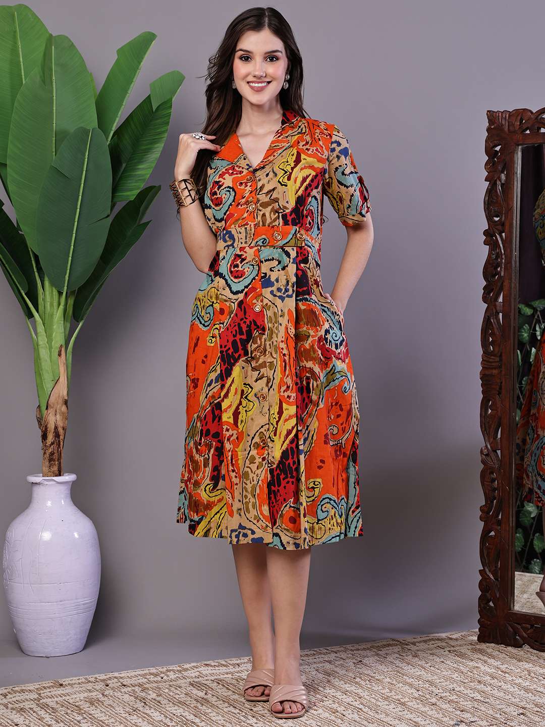 Women's Bohemian Chic Multi-Color Paisley Print Cotton Collared Midi Dress - Image 4