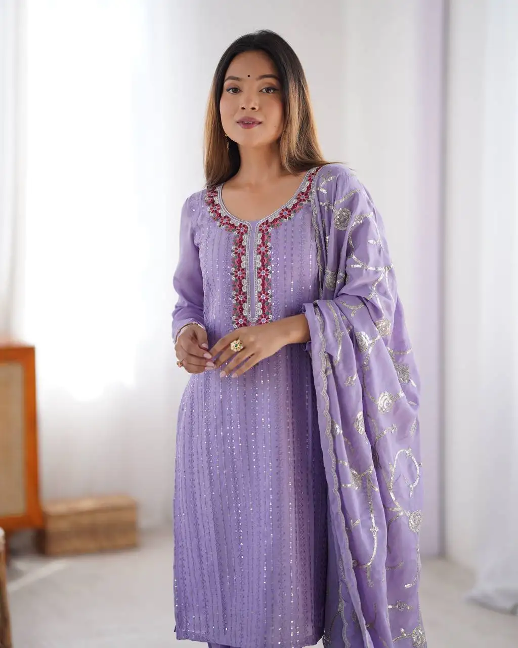 Women's Chinon Silk Sequence And Thread Work Straight Kurti With Pant and Dupatta Set - Image 3