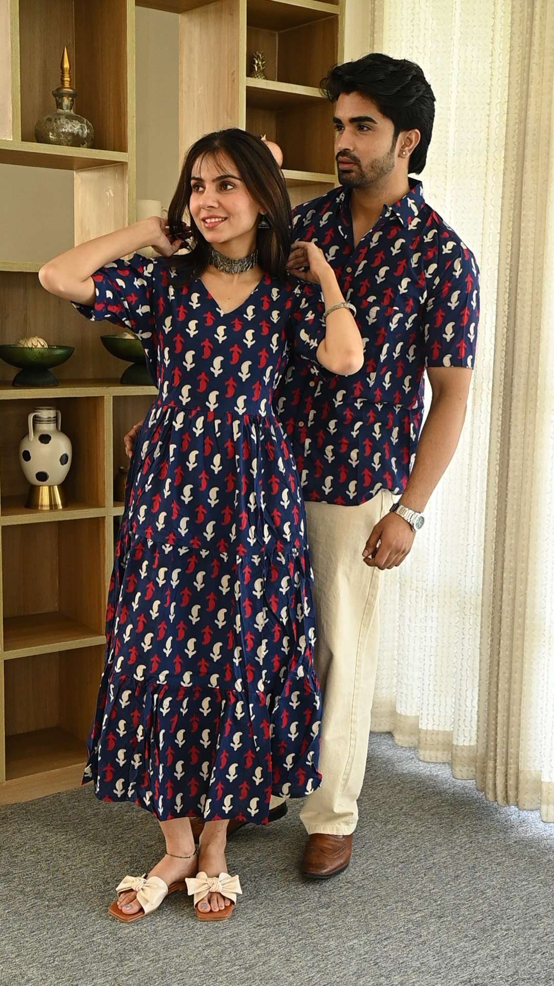 Couple Matching Navy Blue Cotton Anarkali Midi Dress and Shirt Set ? Red & White Abstract Print