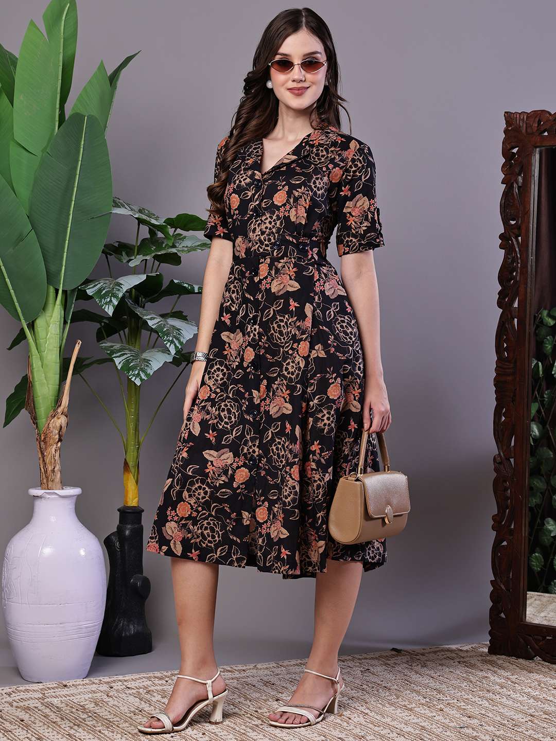 Women's Chic Black & Rust Floral Print Button-Front Midi Dress